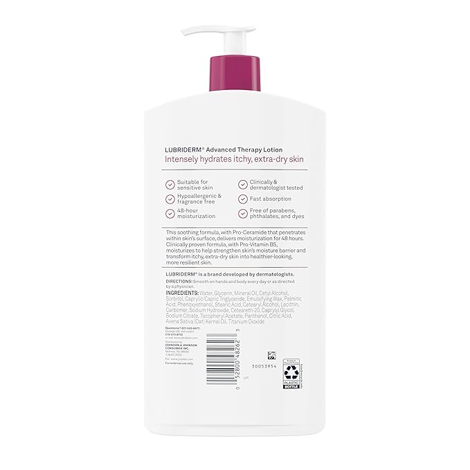 Lubriderm Advanced Therapy Fragrance Free Moisturizing Hand & Body Lotion + Pro-Ceramide, Intense Hydration for Itchy, Extra Dry, & Sensitive Skin, Non-Greasy, Hypoallergenic, 24 fl. oz