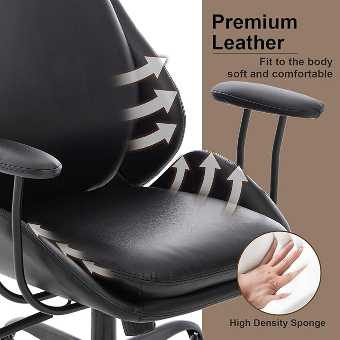 Office Chair, Leather Desk Chair with Rubber Wheels, Ergonomic Computer Chair 500 LBS with Lumbar Support, High Back Executive Chair for Modern Home Office, Black