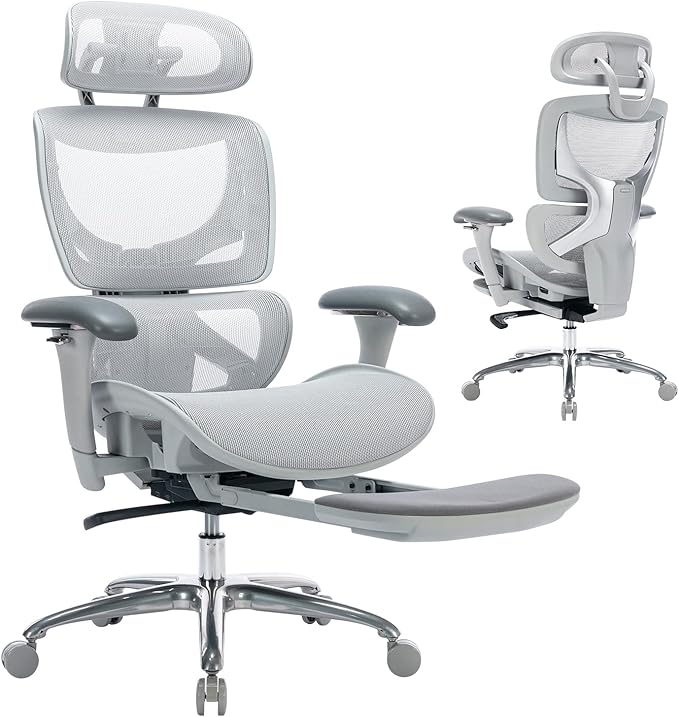 COLAMY Ergonomic Mesh Office Chair, High Back Desk Chair with Footrest, Adjustable Headrest and 3D Arms, Fixed Tilt Lock, Lumbar Support, Breathable Mesh Computer Chair for Home Office - Grey