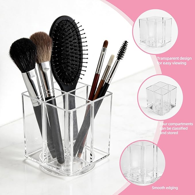Acrylic Makeup Brush Holder, Clear Rotating Makeup Brush Holder Organizer, 4 Slot Square Make up Brush Stand for Vanity Desk Countertop Bathroom