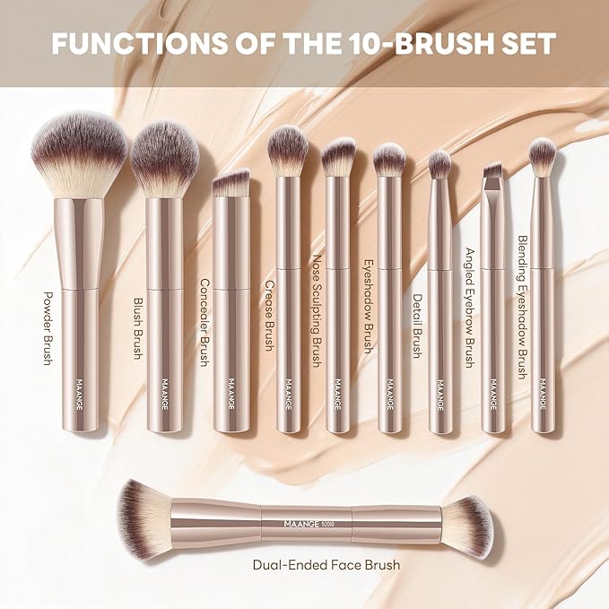 10 Pcs MAANGE Travel Makeup Brush Set with Magnetic case, Premium Synthetic Short Handle Brushes for Foundation, Powder, Concealer, Eye Shadows, Makeup Brush Tools Set(Champagne)