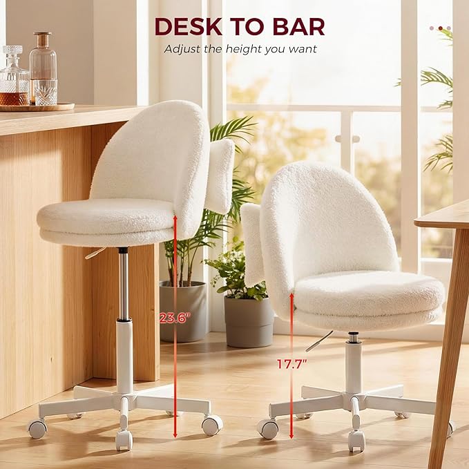 GTPLAYER Velvet Tall Office Chair with Wheels Vanity Chairs with Back, Versatile Height Use: Office to Bar Stools Small Ergonomic Comfy Armlees Computer Desk Chair with Bow Lumbar Pillow for Gift
