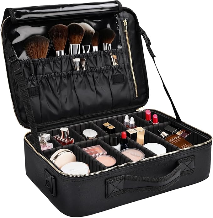 Travel Makeup Bag with Brush Holder, Professional Cosmetic Train Case Organizer, Portable Travel Makeup Brush Carry Case Artist Storage Box with Adjustable Dividers and Shoulder Strap, Leather Black