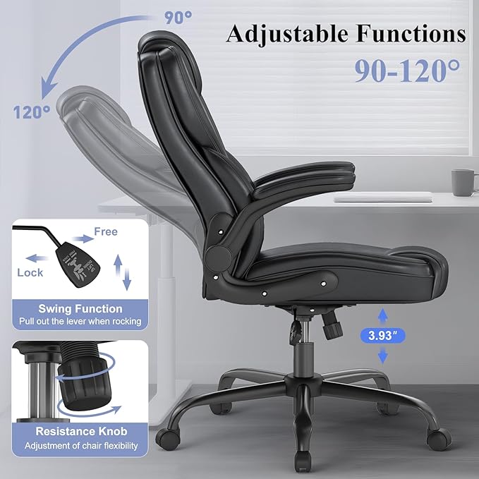 AnyGod Executive Office Chair, Comfy Ergonomic Computer Desk Chairs with Flip-up Armrests, Lumbar Support, High Back, 360° Swivel and Rocking Function for Home Office,PU Black