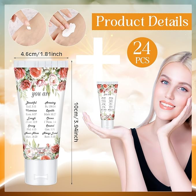 24 Pcs Mini Sunscreen Bulk for Summer Wedding Party SPF 30 Water Resistant Sunscreen Lotion Bulk 1oz Travel Size for Thank You Gifts Wedding Party Supplies(White Cream,Religious)