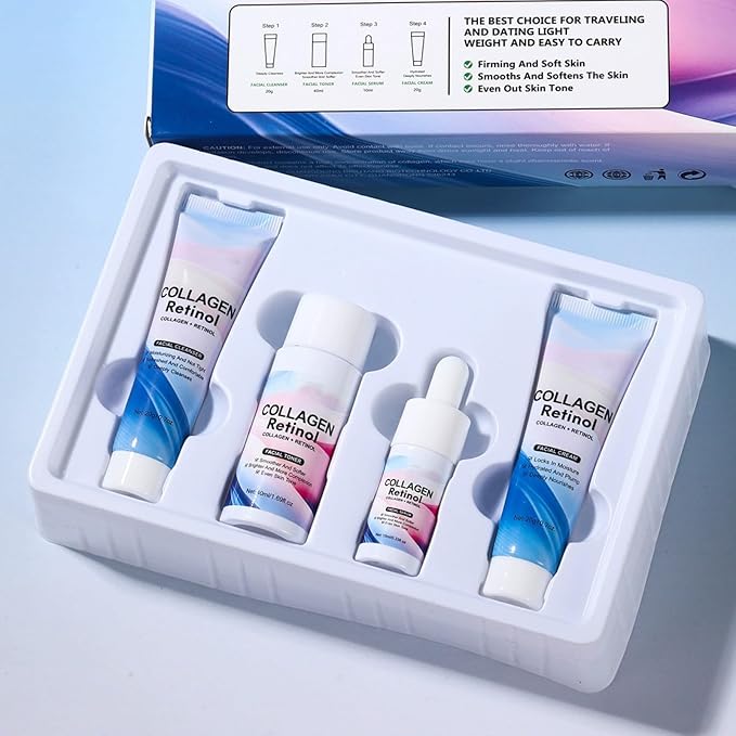 Collagen Retinol Skin Care Set, 4-Piece Anti-Aging Skincare Set Travel Kit with Cleanser, Toner, Serum, Cream for Wrinkles, Fine Lines & Pores, Lifting & Firming Hydrating Skin Gift Set for Women Men