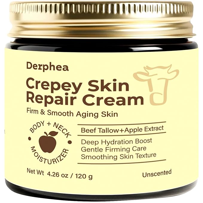 Crepey Skin Repair Treatment: Crepey Skin Repair Cream for Aging Skin with Pure Beef Tallow, Soluble Collagen & Apple Fruit - Advanced Crepe Fix Cream for Neck, Arms, Chest, Body - Unscented