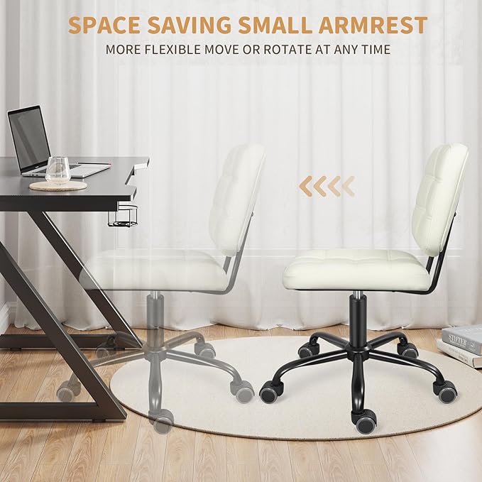 Armless Home Office Desk Chair with Wheels, Modern Ergonomic Drafting Rolling Chair with 360° Swivel Wheels,Height Adjustable Computer Task Chairs for Small Space, White