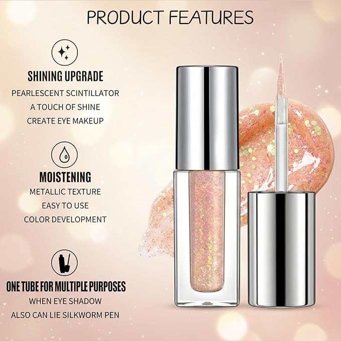 Erinde Liquid Glitter Eyeshadow Eyeliner, Korean Makeup Bling Under Eye Shadow, Shimmer Metallic, Lightweight Waterproof Long Wearing, Loose Glue for Sparkly Crystals Eye Makeup, Golden Pink Sequins