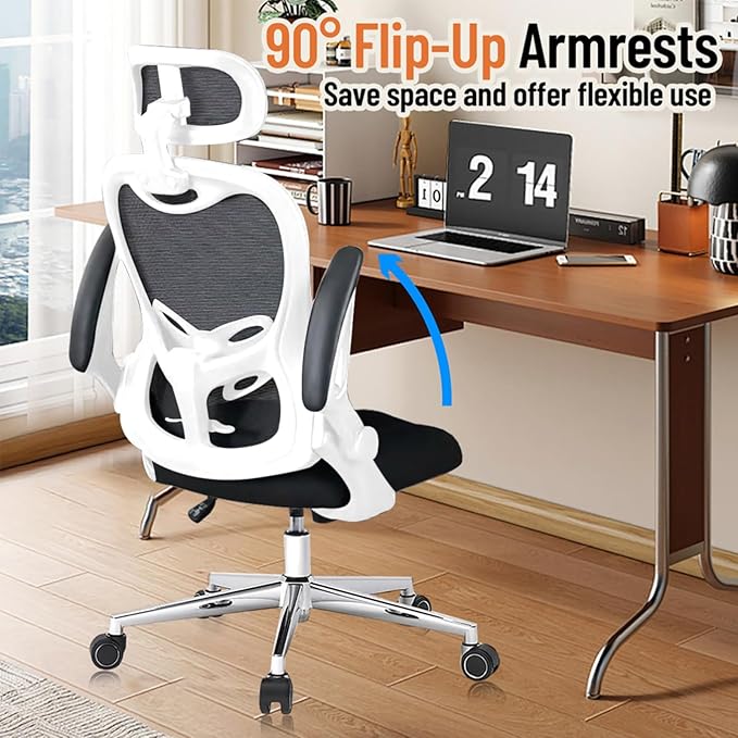 Office Chair, Ergonomic Breathable Mesh Chair,Flip-Up Arms and Adjustable High Back Lumbar Support,Comfy Computer Chair for Home Office (Black/White, 407)