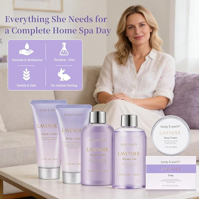 BODY & EARTH Bath and Body Gift Set - 6 Pcs Lavender Bath Kit for Women Spa Set, Perfect Birthday, Mother's Day Gift Set for Women Includes Bubble Bath, Shower Gel, Body Lotion