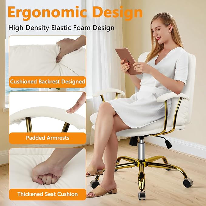 Leather Home Office Desk Chair, Mid-Back Vanity Chair Make Up Chair with Gold Wheels and Armrests, Rolling Swivel Computer Task Chair for Office Bedroom Living Room Girls Women, White, 4 Pack