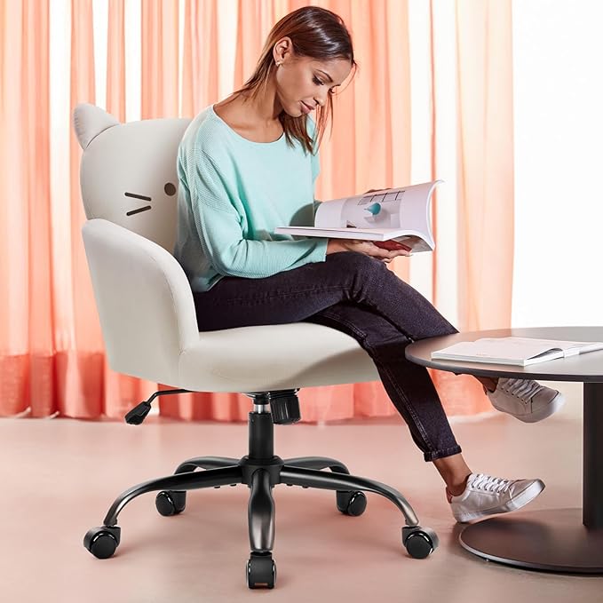 IWMH Home Office Chair Wide Seat Desk Chair Cute Velvet Swivel Vanity Chairs Cat Themed Computer Task Chairs with Wheels Upholstered Modern Accent Armchair for Living Room Bedroom Study Makeup White