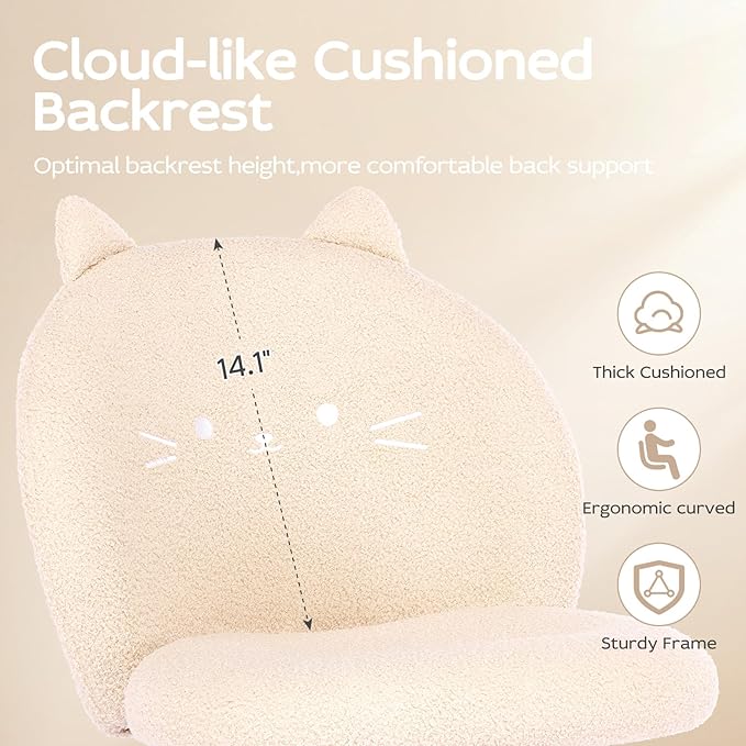 Vanity Chair with Cat Back,Armless Desk Chair Cute Small Office Chair,Teddy Fabric Computer Chair with Adjustable Height,120°Tilting,Rolling,Swivel for Vanity,Kids Room,Office,Bedroom Beige