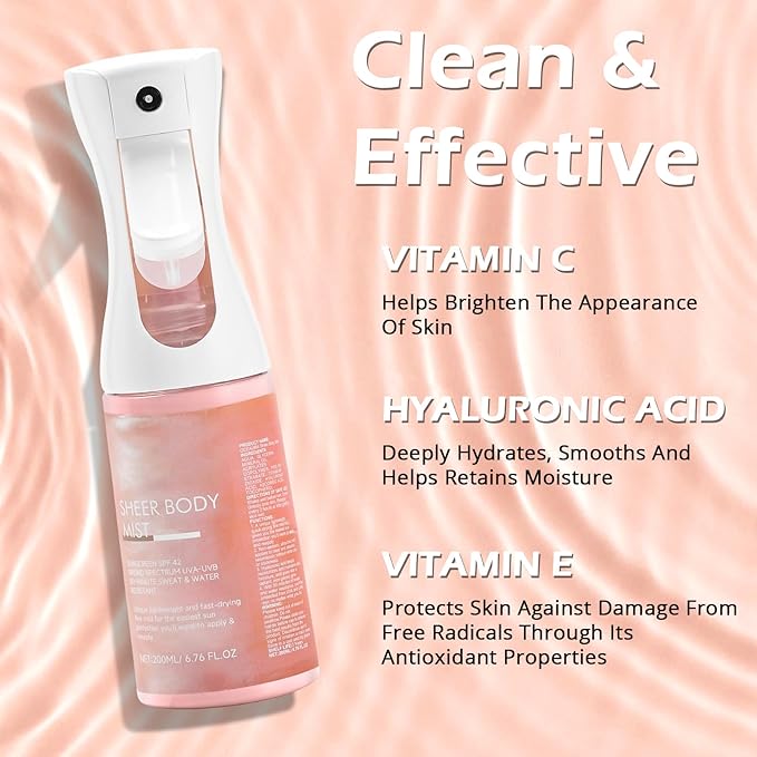 Sunglaze Sheer Body Mist Sunscreen SPF 42,Lightweight Spray,Broad-Spectrum UV Protection & Hydration,For Active Lifestyles & Sensitive Skin,Ideal for Beach, Outdoor Sports-One Piece Sunscreen