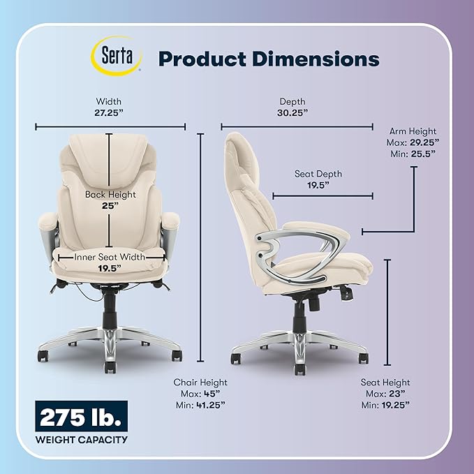Serta Bryce Executive Office Chair - Ergonomic Computer DeskChair with Lumbar Technology - Adjustable Height - Memory Foam Body Pillows - 360° Swivel Rolling Base - Bonded Leather - Cream