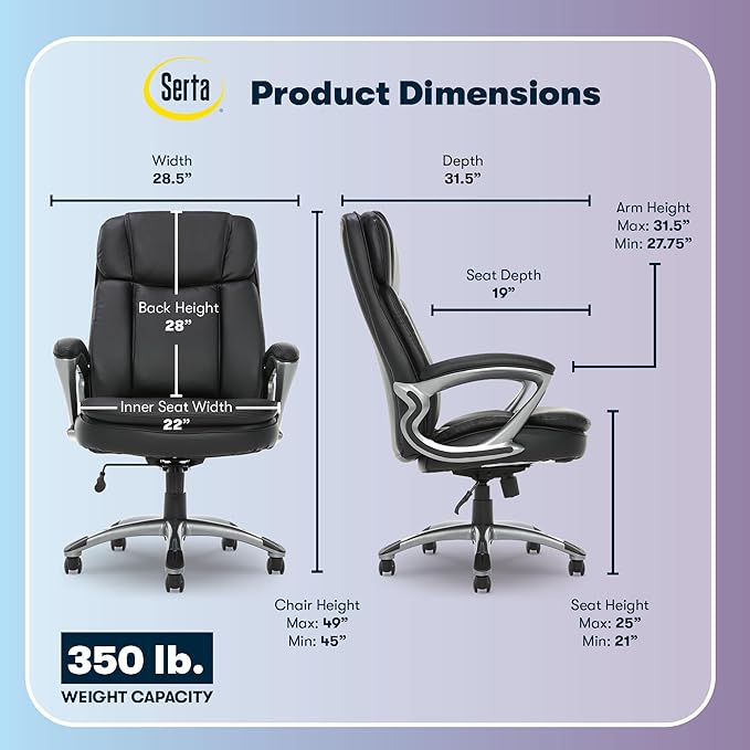 Serta Fairbanks Big and Tall Executive Office Chair - Ergonomic High Back Computer Desk Chair with Lumbar Support, Memory Foam Seat Cushion, Padded Armrests, Bonded Leather, 350 lb Capacity - Black
