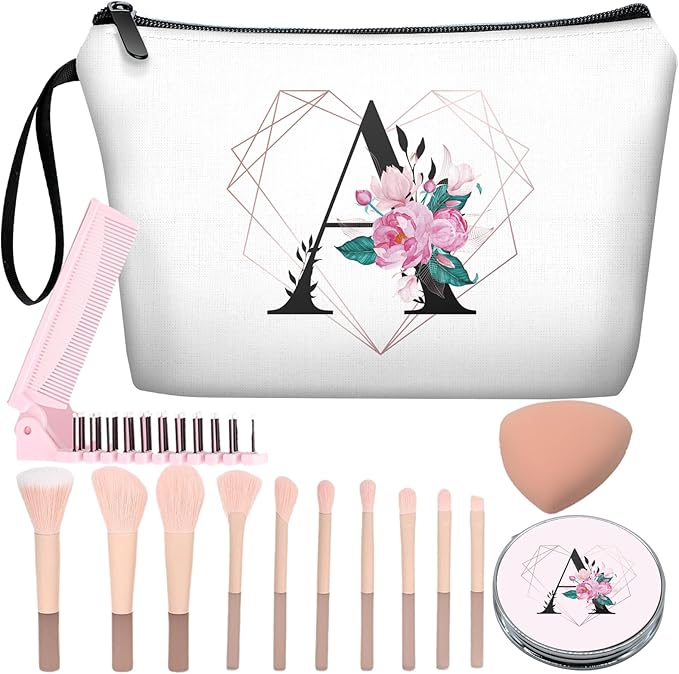 Personalized Initial A floral Makeup Bag set with Mirror for Women,White Ietter Bride Bridesmaid travel Cosmetic bag kit with10 pieces pink brush set,Initial Gifts for Girls Mom femal Friends