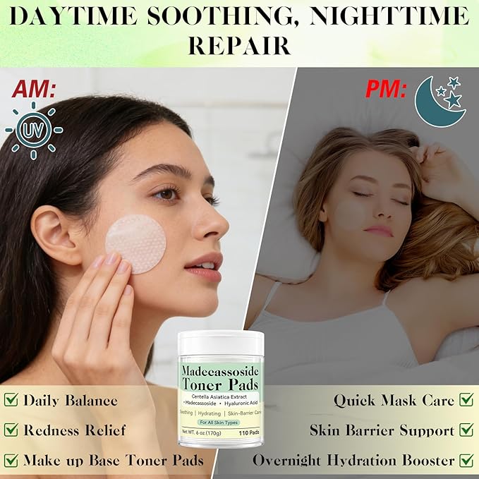 Madecassoside Toner Pads, Facial Exfoliating Pads, Redness Reducing Skin Care, Hydrating Pore Care, Toner Pads for Acne Prone, Oily, Clogged Skin, Non Comedogenic, Ideal for All Skin, 110 Pads