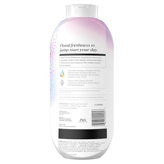 Olay Body Wash for Women, Fresh Radiance, 24/7 Skin-Loving Freshness, Visibly Radiant, Plant Based Cleansers, Vitamin B3 & Antioxidant Blend, For All Skin Types, Orchid & Black Currant Scent, 22 fl oz