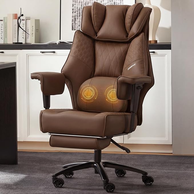 Dowinx Big and Tall Office Chair with Massage Lumbar Support,Executive Office Chair with Wide Thick Seat Cushion and Adjustable Armrest,Computer Gaming Chairs with Footrest (Brown,PU Leather)