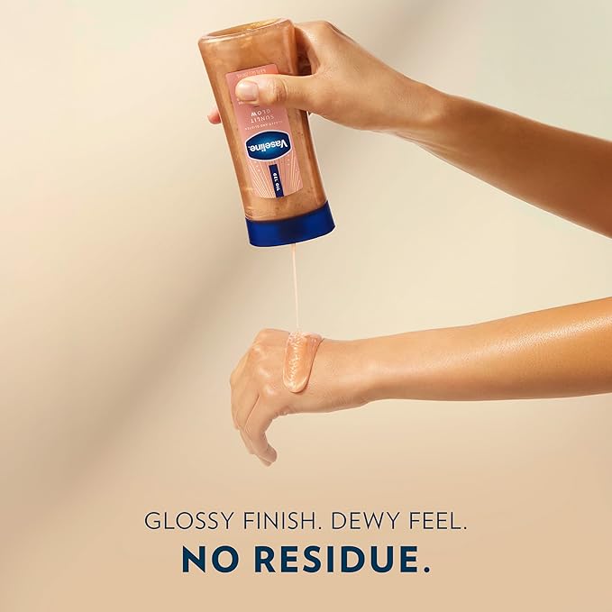 Vaseline Glazed and Glisten Sunlit Glow Body Gel Oil Vanilla Cocoa Shimmering with Ultra-Hydrating Lipids and 100% Pure Cocoa Butter, 6.8 Oz