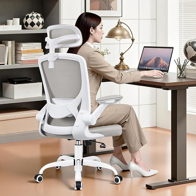 Office Desk Chair, Ergonomic Mesh Office Chair with Adjustable Lumbar Support, Headrest, Flip-up Armrests, Comfortable Computer Chairs for Home, Work, Gaming, (Light Gray, 4 Pack)