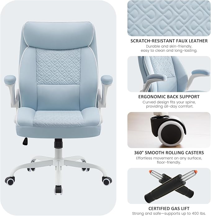 Executive Office Chair with High Back, Computer Desk Chair with Lumbar Support,Comfortable Leather Home Office Chairs 400lbs with Padded Flip-up Armrests, Adjustable Height,Tilting, LightBlue