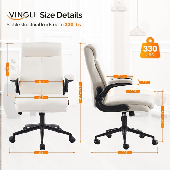 VINGLI Rolling Ergonomic Office Desk Chair with Padded Flip-up Arms, 360° Swivel High Back Executive Computer Task Chair with Wheels for Game，Home Small Space, Study Room, Reading Room, Linen White