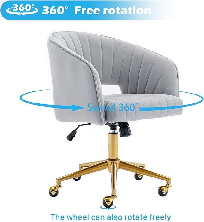 Home Office Chair Swivel Velvet Desk Chair Accent Armchair Upholstered Modern Tufted Chairs with Gold Base for Girls Women Ergonomic Study Seat Computer Task Stools for Living Room(Light Gray)