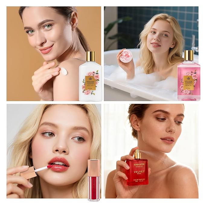35 Pcs Valentines Day Gift for Women, Red Rose Bath and Body Basket Gift, Face Skin Care Kit, Home Spa Self Care, Lip Gloss, Diffuser, Necklace, Birthday, Christmas, Mother, Bridal Shower, Anniversary