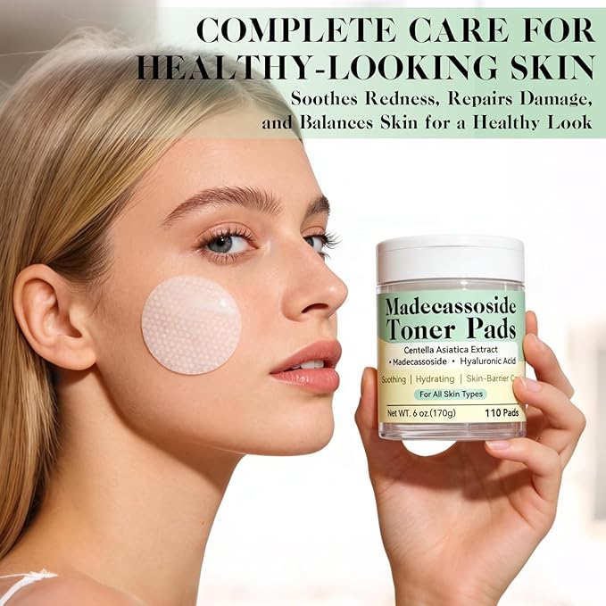 Madecassoside Toner Pads, Facial Exfoliating Pads, Redness Reducing Skin Care, Hydrating Pore Care, Toner Pads for Acne Prone, Oily, Clogged Skin, Non Comedogenic, Ideal for All Skin, 110 Pads