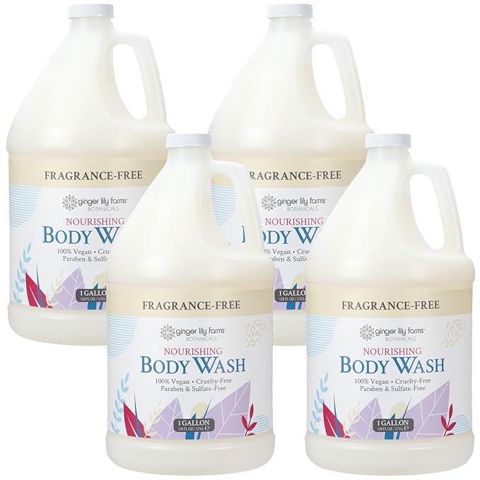 Ginger Lily Farms Botanicals Nourishing Body Wash, 100% Vegan & Cruelty-Free, Fragrance Free, 1 Gallon Refill (Pack of 4)