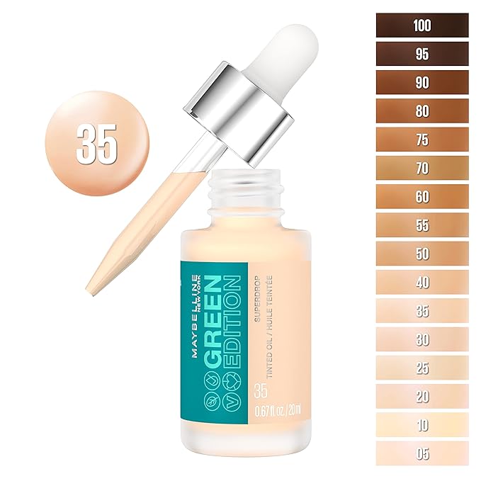 Maybelline Green Edition Superdrop Tinted Oil Base Makeup, Adjustable Natural Coverage Foundation Formulated With Jojoba & Marula Oil, 35, 1 Count