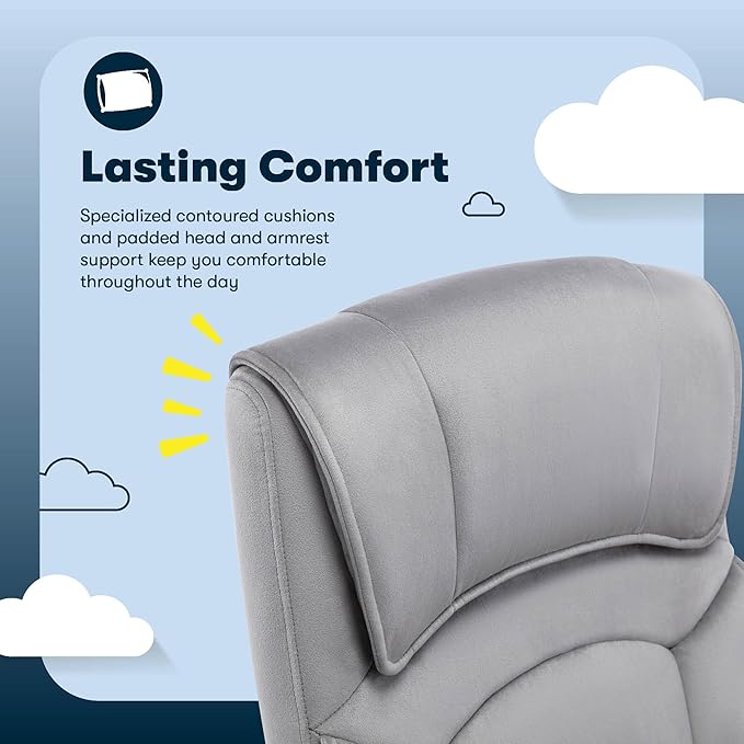 Serta Comfort Classic Executive Office Chair, Ergonomic Mid-Back Computer DeskChair with Lumbar Support, Semi-Plush Cushion and Body Pillows, Padded Armrests, Swivel Base, Gray Velvet Fabric