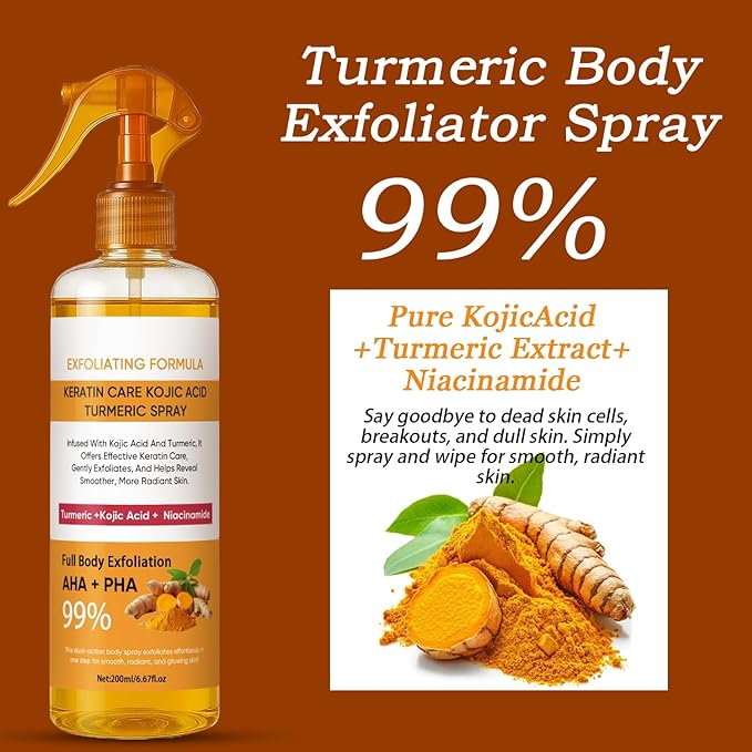 Body Keratin Care Kojic Acid Turmeric Spray 200ml, Turmeric Exfoliating Spray with Retinol, Glutathione, Niacinamide, Vitamin B, C, E, Exfoliates and Brighten Skin for All Skin Types (1)