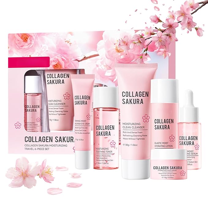Collagen Sakura Skin Care Set with Cleanser, Toner, Lotion, Serum, Eye Cream, Face Cream Travel Kit Skincare Gift Set for Women Teen Girls, Moisturizes Skin & Boosts Collagen, Hydrating