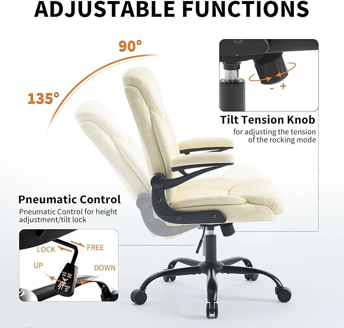 Home Office Ergonomic Desk Chair - Comfy Leather Executive Chair with Flip-Up Armrests, Lumbar Support, 360° Swivel & Rocking (Beige)