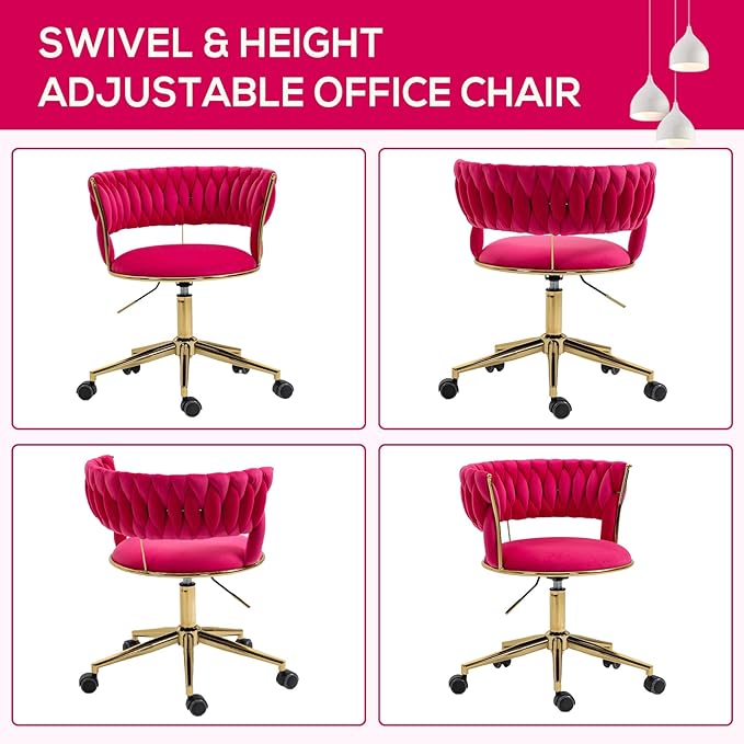 NIOIIKIT Velvet Office Desk Chair with Hand Woven Backrest, 360° Swivel & Height Adjustable Task Chairs, Makeup Chair, Computer Chair with Stainless Base and 5 Wheels (Rose Red)