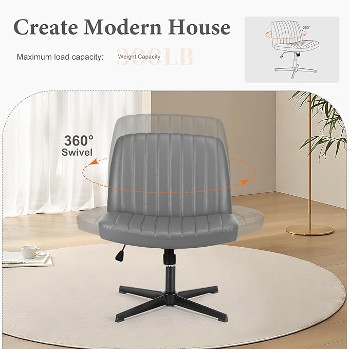 Sweetcrispy Criss Cross Chair Legged, Armless Office Wide Desk Chair No Wheels, PU Leather Swivel Vanity Height Adjustable Fabric Modern Computer Task Seating for Home - Grey