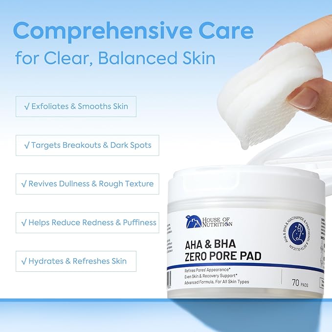 Glycolic Acid Pad with AHA & BHA, Exfoliating Toner Pads for Face – Zero Pore Refining Pads for Skin Texture, Oil Control, Acne, Dark Spots & Gentle Resurfacing, 70 Pad