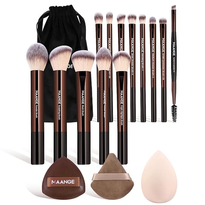 MAANGE 16PCS Makeup Brush Set Travel Makeup Brushes for Liquid Powder Contour Concealer Cream Cosmetics Blending Eyeshadow Eyeliner (Coffee)