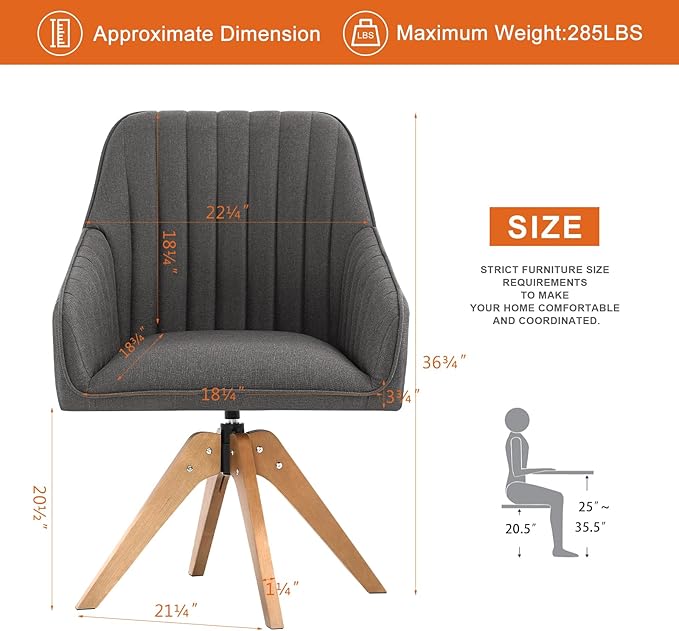 Furniliving Mid Century Modern Accent Chair Set of 2, 36.8 Inch Upholstered Swivel Chair for Living Room with Arms Home Office Desk Chair for Bedroom Wood Legs Computer Task Chair No Wheels, Darkgrey