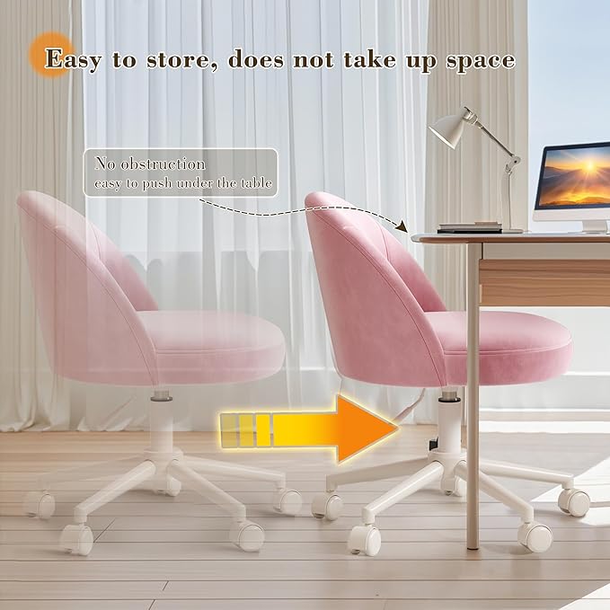 EnHomee Vanity Chair with Wheels, Comfy Office Chair with Back, Cute Desk Chair for Bedroom, Home Office, Makeup Room,Armless,Gentle Pink