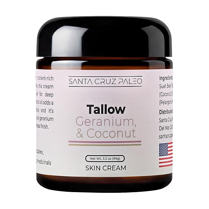 Santa Cruz Paleo, Suet Beef Tallow, Geranium & Coconut Moisturizer, Organic, Grassfed Beef Tallow Skin Care, Non-Comedogenic Face & Body Moisturizer for Sensitive Skin, Geranium & Coconut, 3.5 Oz
