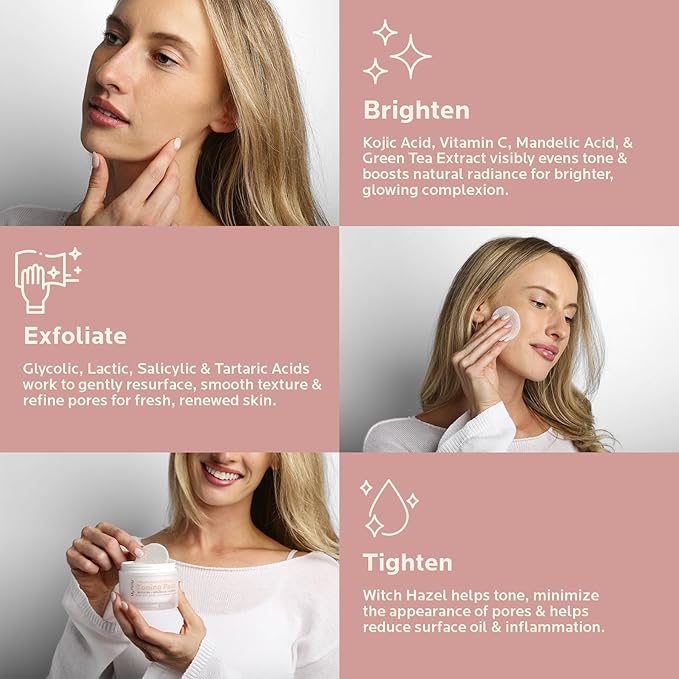 Multi Acid Toner Pads, Exfoliating Face Pads with Glycolic, Lactic, Mandelic, Kojic, & Salicylic Acid. Skin Pore Reducing, Toning, Resurfacing Facial Treatment for Wrinkles & Dull skin-50 Count