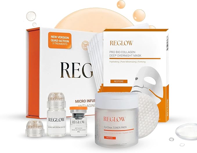 ReGlow Essential Facial Routine Trio - Stem Cell + Exosome Micro-Infusion System (1.5 Month Supply), Bio-Collagen Overnight Mask & Pore Refining EpiClear Toner Pads