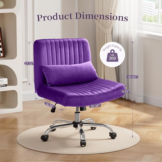 Warmiehomy Velvet Criss Cross Chair with Wheels, Cross Legged Office Chair, Comfy Desk Chair for Home Office, Ergonomic Computer Chair, Wide Seat Vanity Chair, Birthday Gift for Women, Purple