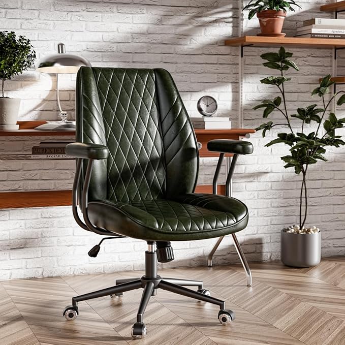 Green Leather Office Desk Chair with Quiet Rubber Wheels, Height Adjustable, Padded Arms, Vintage Mid Century Office Chair, Retro Style Desk Chair