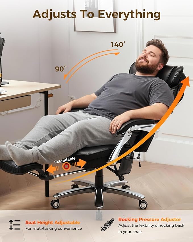 600LBS Big and Tall Office Chair with Massage and Heat, 23.5" Wide Leather Office Chair with Back Support, Ergonomic Comfort 140° Reclining Desk Chairs Managerial Chairs for Heavy People
